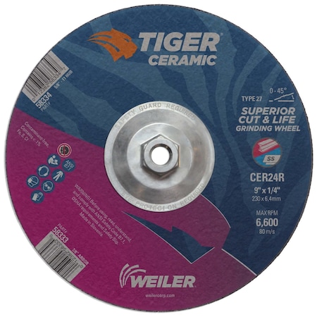 Weiler 9" x 1/4" TIGER CERAMIC Type 27 Grinding Wheel CER24R 5/8-11 Nut 58334